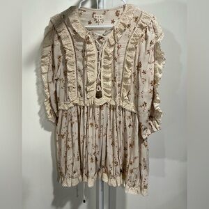 POL Cream and Brown Floral Lace Blouse
